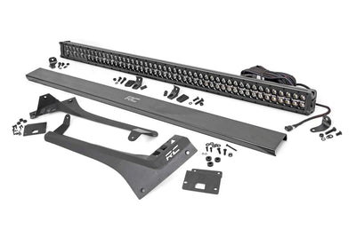 Jeep 50-Inch Straight LED Light Bar Upper Windshield Kit w/ Dual-Row Black Series LED White DRL 20-Up Gladiator JT 18-20 Wrangler JL Rough Country