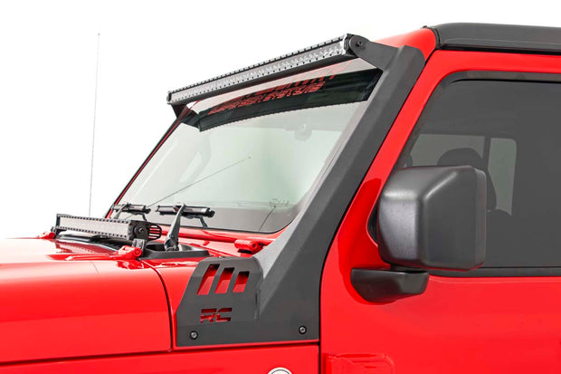 Jeep 50-Inch Straight LED Light Bar Upper Windshield Kit w/ Dual-Row Black Series LED 2-Up Gladiator JT, 18-20 Wrangler JL Rough Country