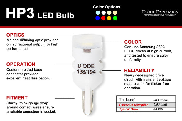 194 LED Bulb HP3 LED Cool White Single Diode Dynamics