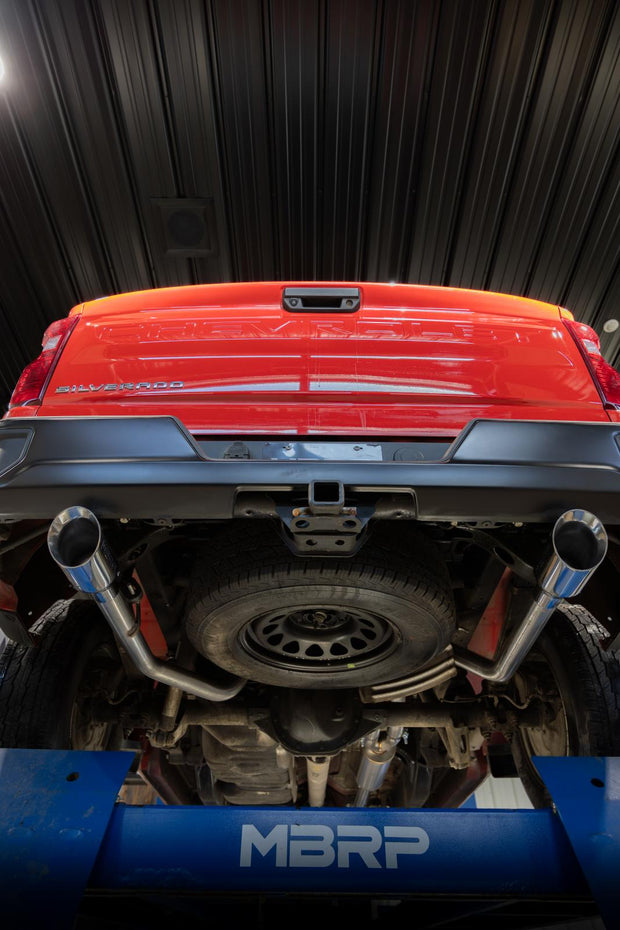 2019-Up Silverado/Sierra 1500 2.7L Armor BLK, Aluminized Steel 3 Inch Cat-Back, 2.5 Inch Dual Split Rear Exit MBRP