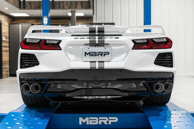 2020-Up Chevrolet Corvette C8 6.2L Armor Pro T304 Stainless Steel 3 Inch Cat-Back Quad Split Rear with Carbon Fiber Tips Valve Delete MBRP