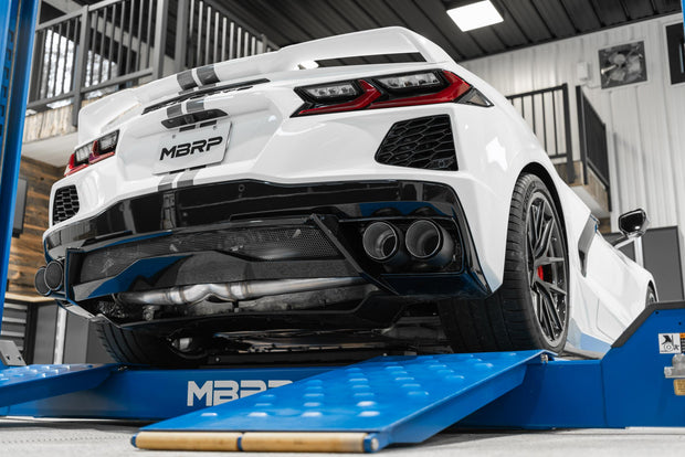 2020-Up Chevrolet Corvette C8 6.2L Armor Pro T304 Stainless Steel 3 Inch Cat-Back Quad Split Rear with Carbon Fiber Tips Valve Delete MBRP