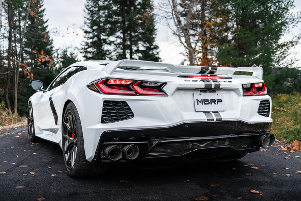 2020-Up Chevrolet Corvette C8 6.2L Armor Pro T304 Stainless Steel 3 Inch Cat-Back Quad Split Rear with Carbon Fiber Tips Valve Delete MBRP