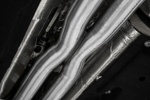 24-Up Ford Mustang GT 5.0L, Armor BLK Black-Coated Aluminized Steel 3 Inch Cat-Back Dual Split Rear with Quad Black Tips, Race Profile MBRP