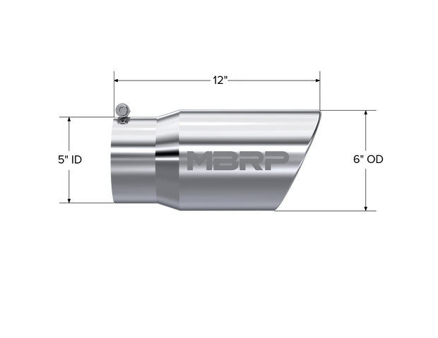 Exhaust Tail Pipe Tip 6 Inch O.D. Angled Rolled End 5 Inch Inlet 12 Inch Length T304 Stainless Steel MBRP