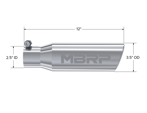 Exhaust Tip 3 1/2 Inch O.D. Angled Rolled End 2 1/2 Inch Inlet 12 Inch Length T304 Stainless Steel MBRP