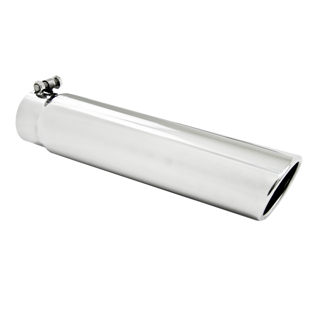 3.5 Inch OD 3 Inch Inlet 16 Inch Length Angled Cut Rolled End Clampless-No Weld T304 Stainless Steel MBRP