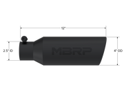 4 Inch OD 2.5 Inch Inlet 12 Inch Length Exhaust Tail Pipe Tip Angled Cut Rolled End Clampless-No Weld Black Coated MBRP